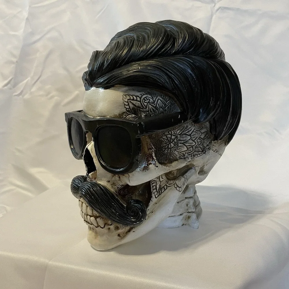 NEW Halloween Hippie Skull with Hair, Mustache, Tattoos & Glasses Retro Decor